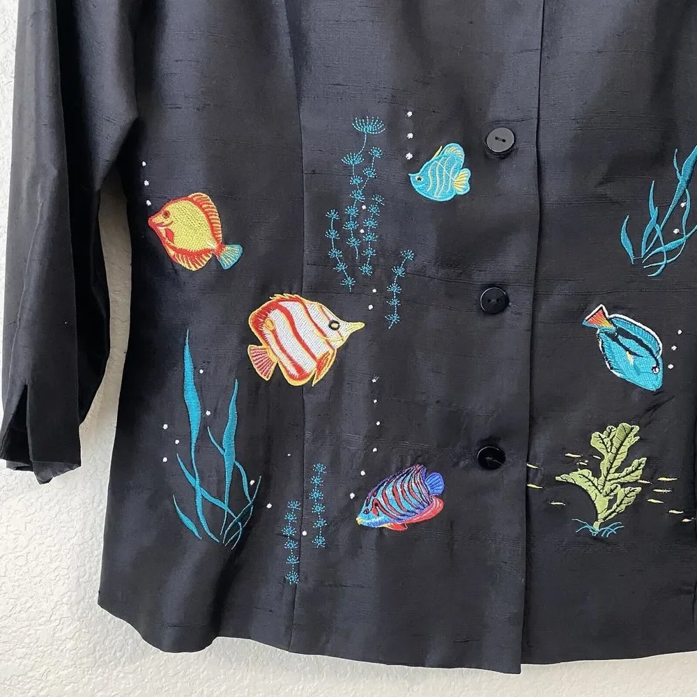 Silkland Blouse Top Womens Size 12 Silk Black Embroidered Fishes - Picture 3 of 7